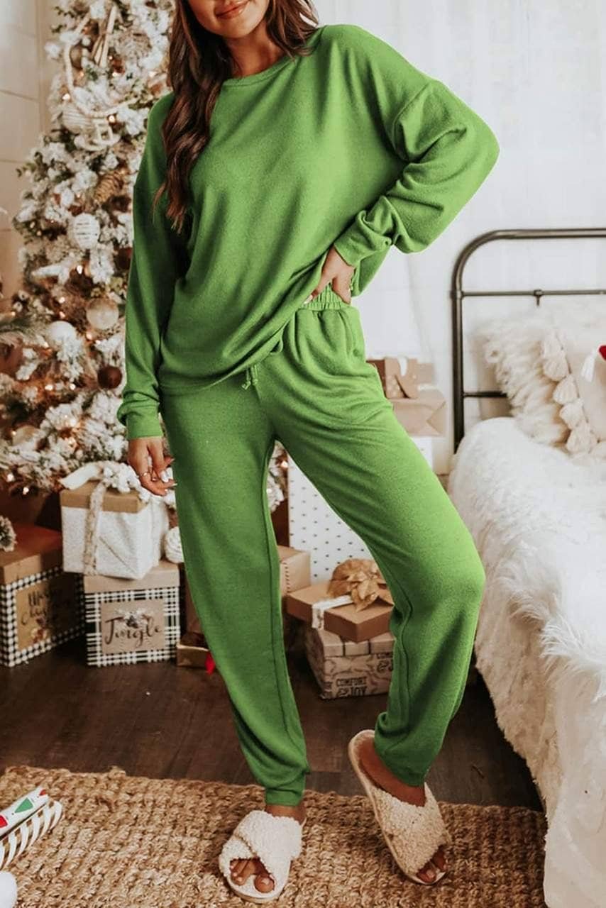 Spinach Green Long Sleeve Pullover And Jogger Pants Lounge Set