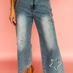 Stone Blue Star Patchwork Cropped Wide Leg High Waist Jeans