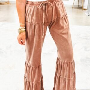 Straw Yellow Mineral Wash Lace-Up High Waist Tiered Bell Bottom Pants