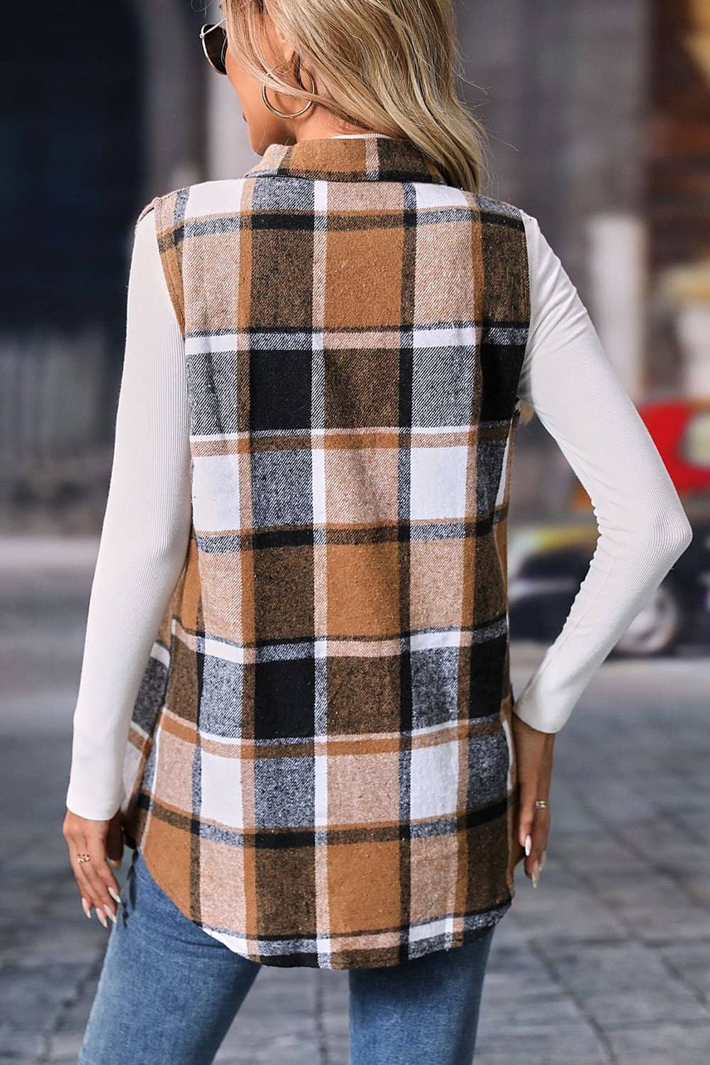 Straw Yellow Retro Plaid Button Up Collared Vest