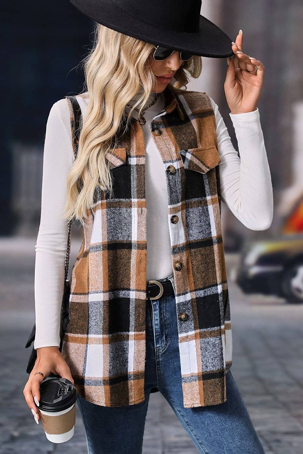 Straw Yellow Retro Plaid Button Up Collared Vest