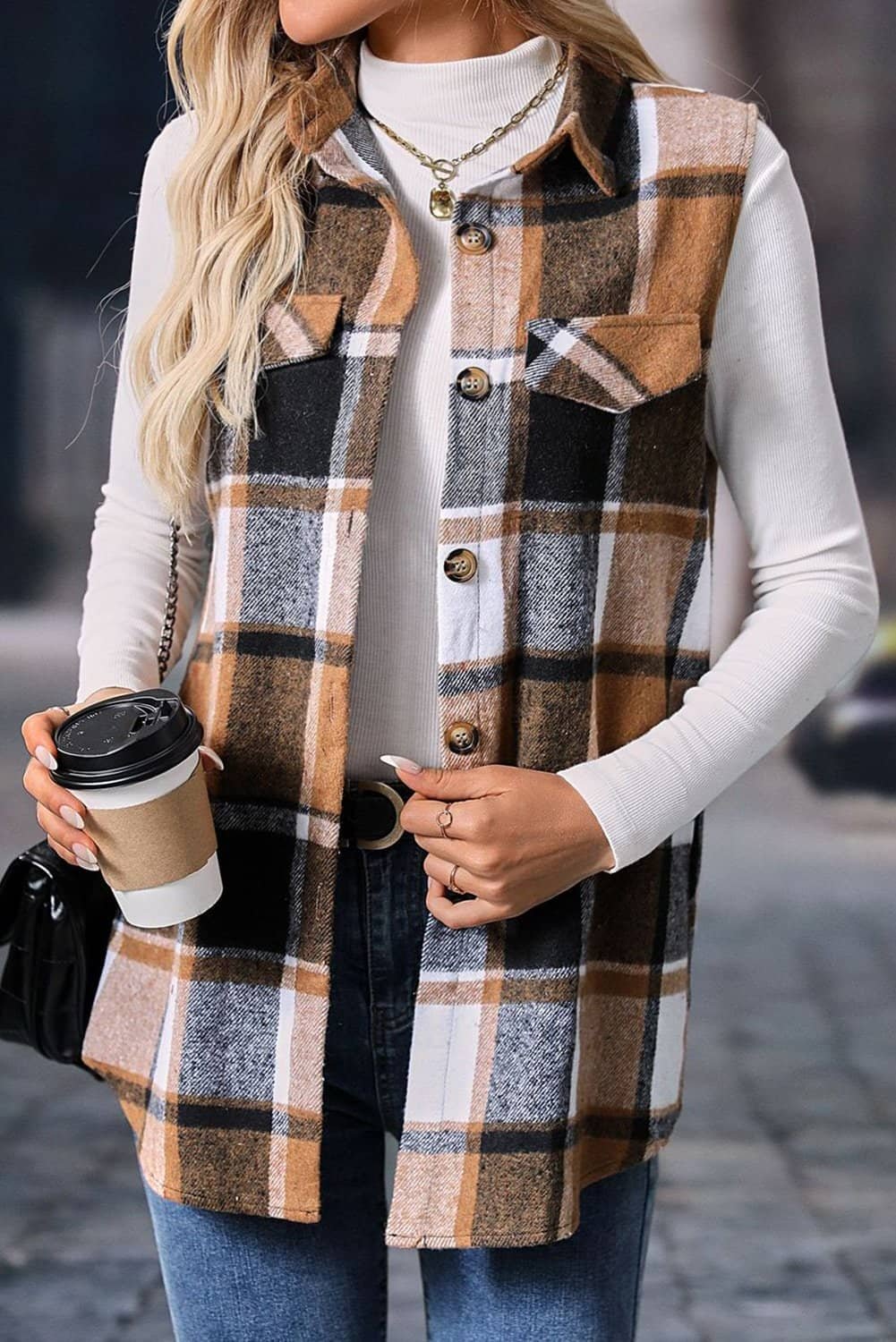 Straw Yellow Retro Plaid Button Up Collared Vest