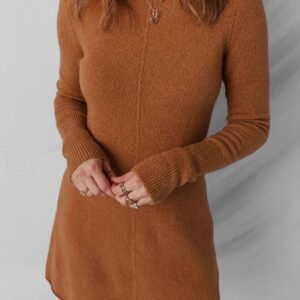 Straw Yellow Ribbed Detail Solid Color Mini Sweater Dress