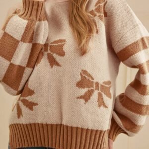 Straw Yellow Ribbon Bow Print Checkered Striped Sleeve Drop Shoulder Sweater