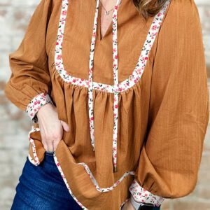 Straw Yellow Split Neck Pleated Floral Trim Long Puff Sleeve Blouse