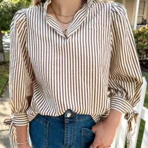 Straw Yellow Striped Print Tied Cuffs Split Neck Seersucker Blouse