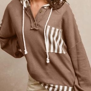 Straw Yellow Waffle Texture Striped Patchwork Button Neck Drawstring Hoodie