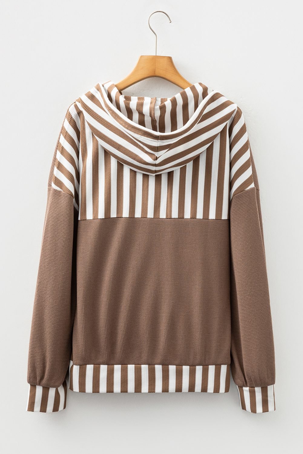 Straw Yellow Waffle Texture Striped Patchwork Button Neck Drawstring Hoodie