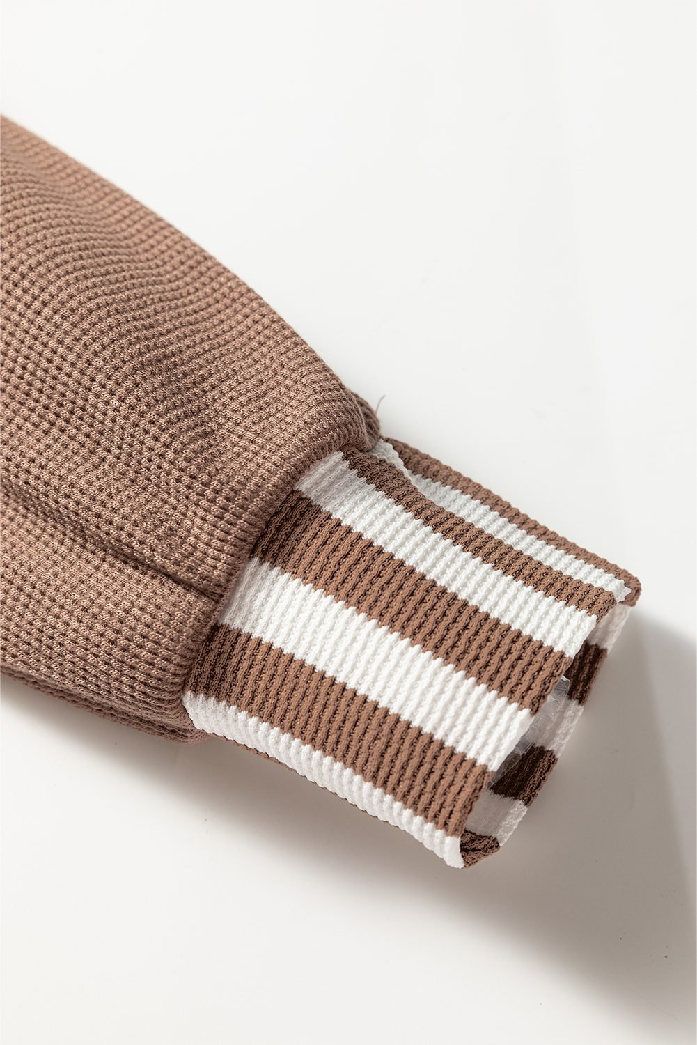 Straw Yellow Waffle Texture Striped Patchwork Button Neck Drawstring Hoodie