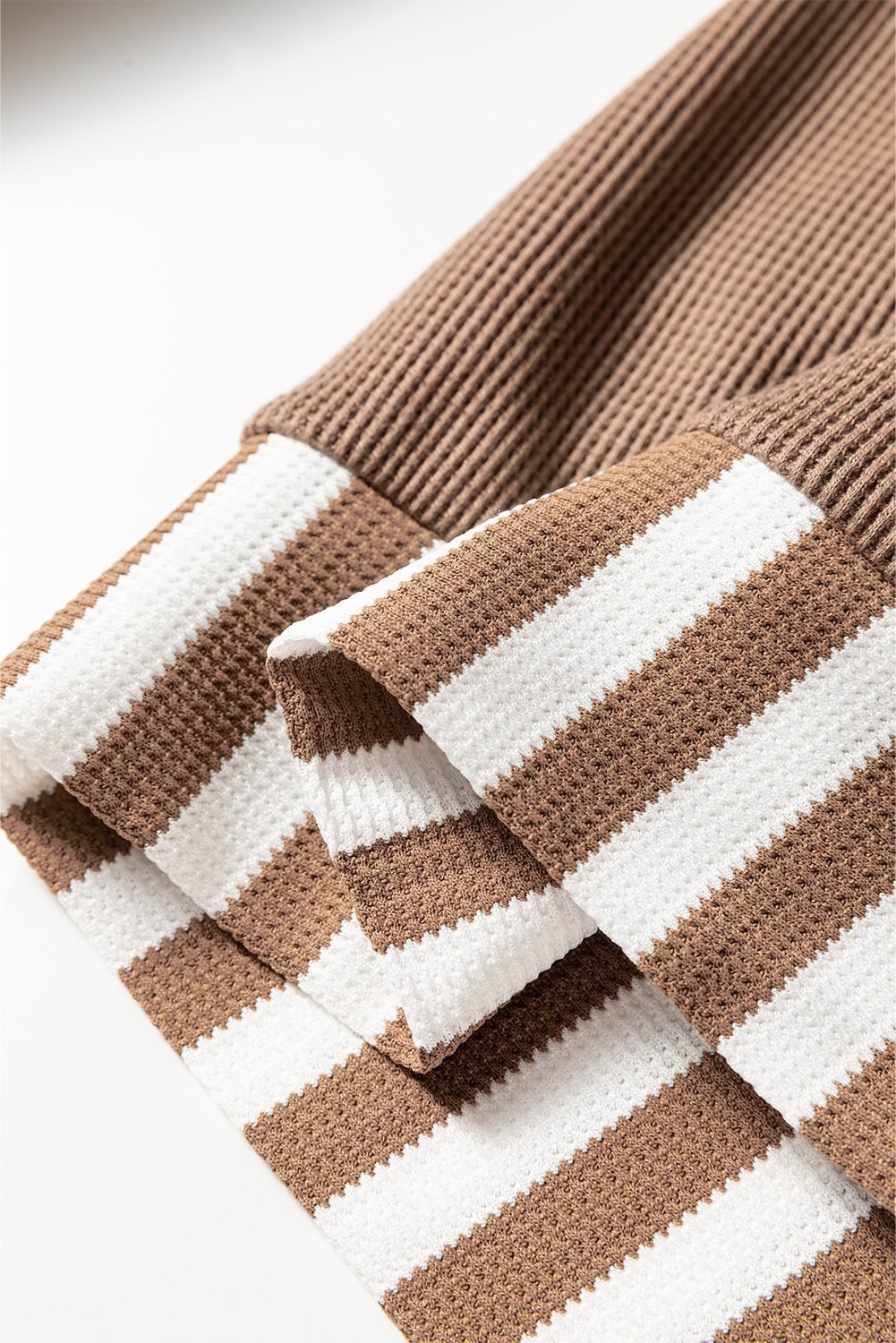 Straw Yellow Waffle Texture Striped Patchwork Button Neck Drawstring Hoodie