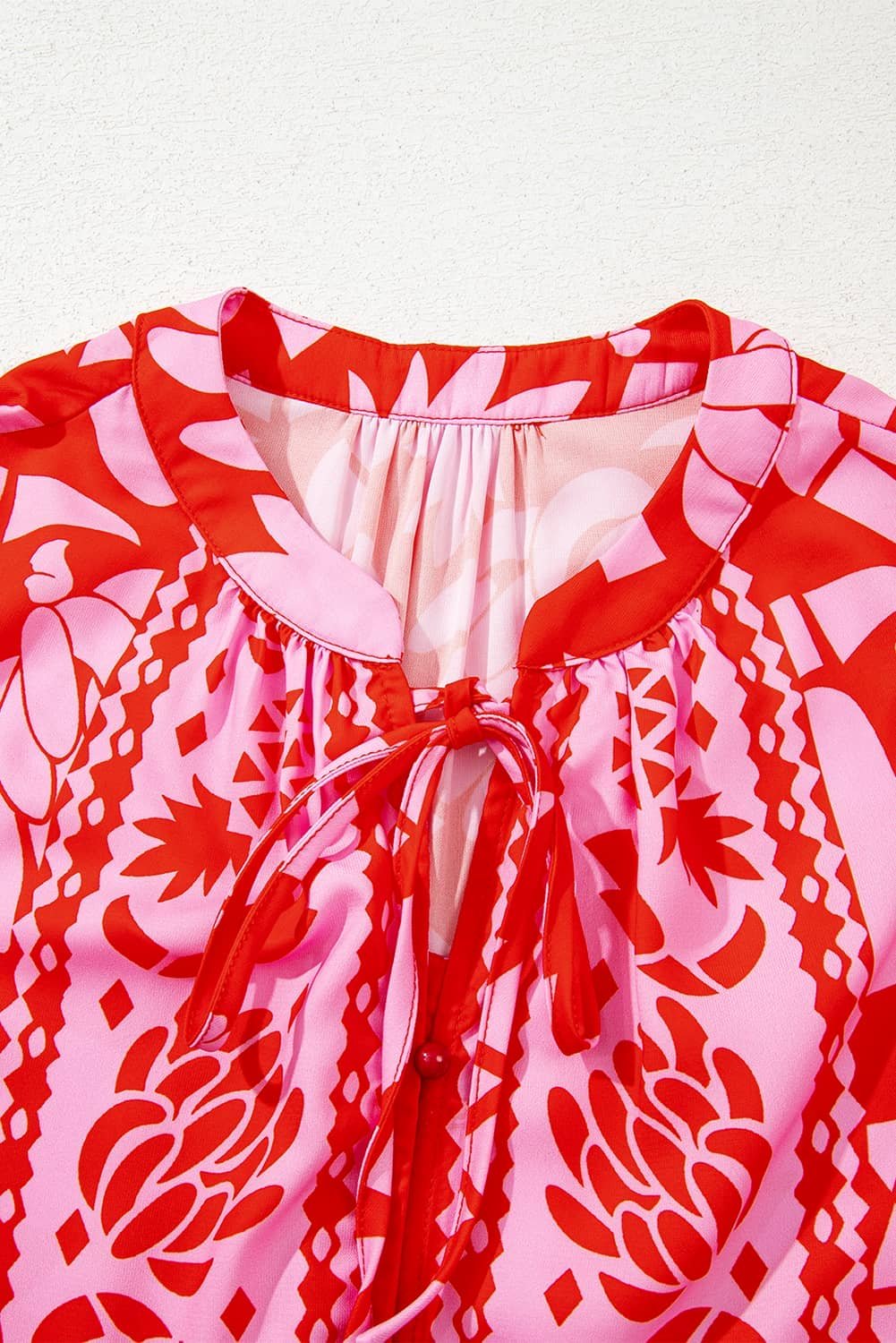 Strawberry Pink Abstract Floral Print Tie Neck Button Decor 3/4 Sleeve Blouse