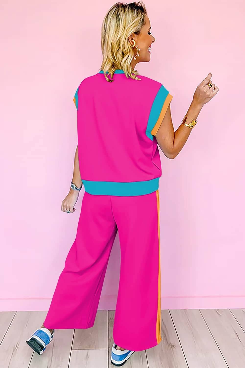 Strawberry Pink Color Block Detail Casual Two-Piece Set
