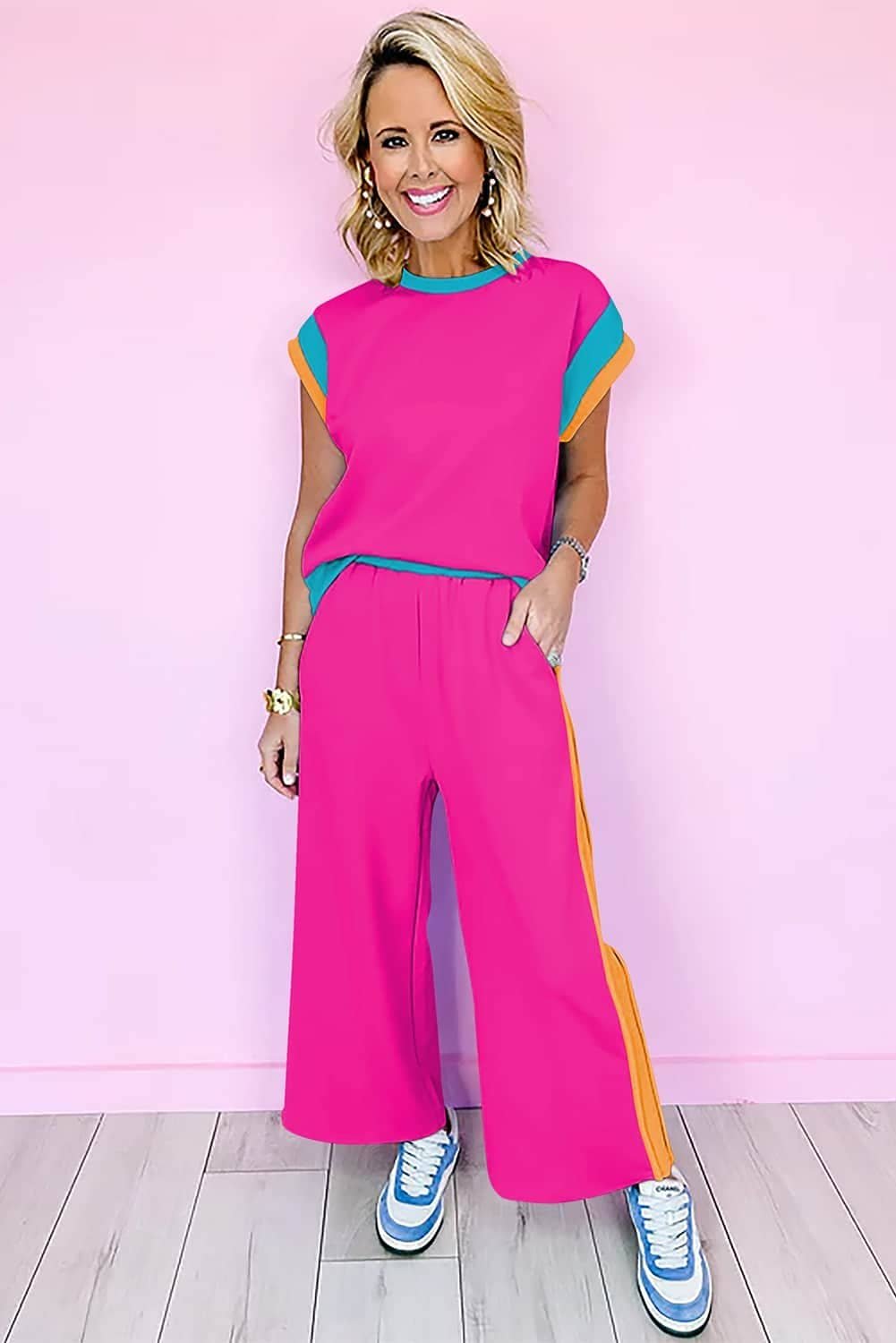 Strawberry Pink Color Block Detail Casual Two-Piece Set