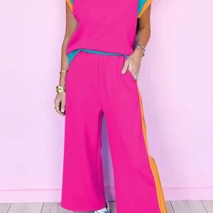 Strawberry Pink Color Block Detail Casual Two-Piece Set