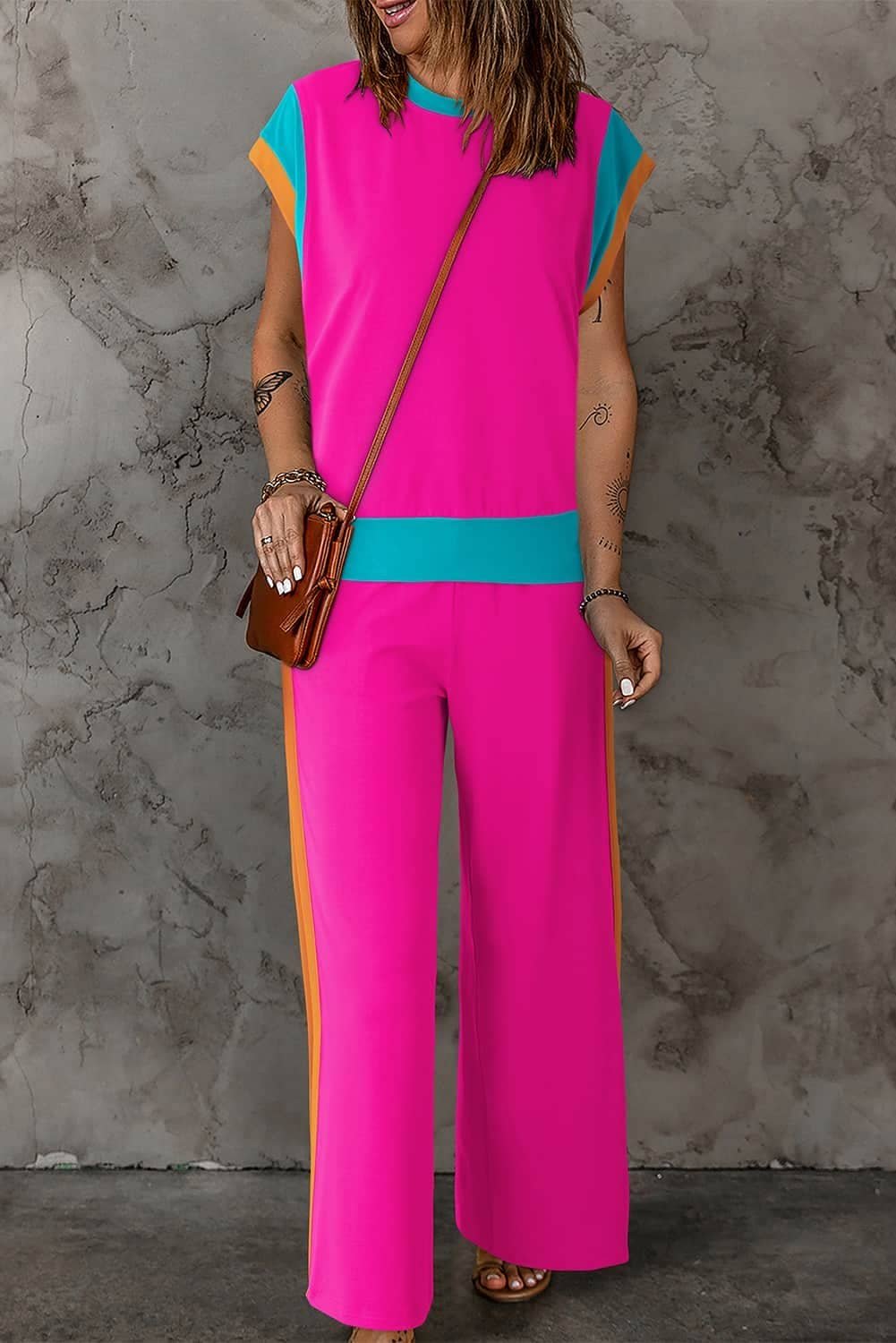 Strawberry Pink Color Block Detail Casual Two-Piece Set