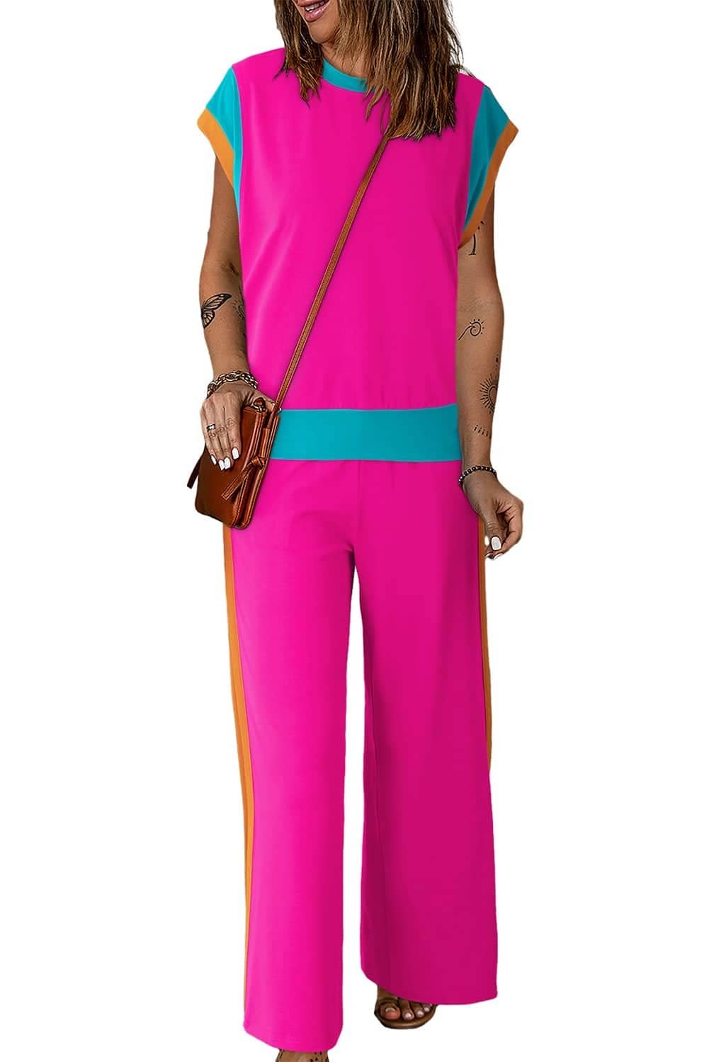 Strawberry Pink Color Block Detail Casual Two-Piece Set