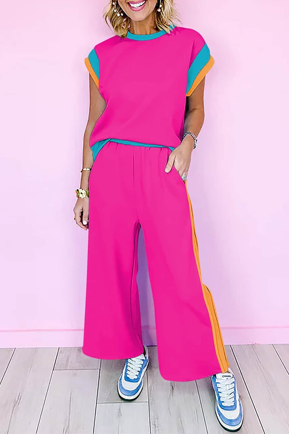 Strawberry Pink Color Block Detail Casual Two-Piece Set