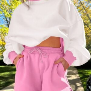 Strawberry Pink Color Block Pullover And Lace-Up Elastic Waist Shorts Set