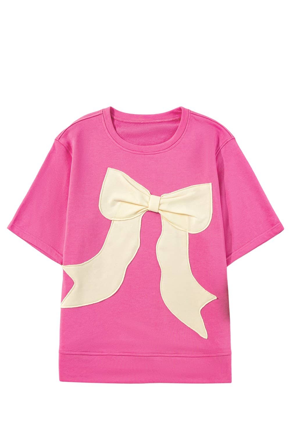 Strawberry Pink Contrasting Color Ribbon Bow Front Patch Loose Tee With Slits