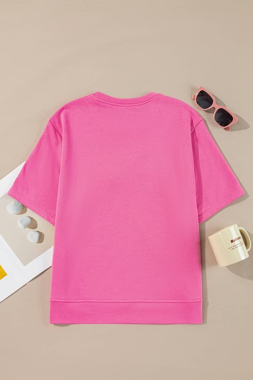Strawberry Pink Contrasting Color Ribbon Bow Front Patch Loose Tee With Slits