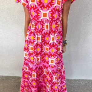 Strawberry Pink Geo Print V-Neck Maxi Dress