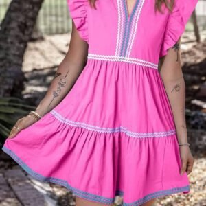 Strawberry Pink Ric Rac Colorblock Flutter Sleeve V Neck Tiered Dress