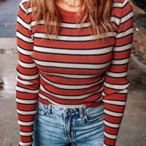 Striped Print Ribbed Knit Slim Fit Top