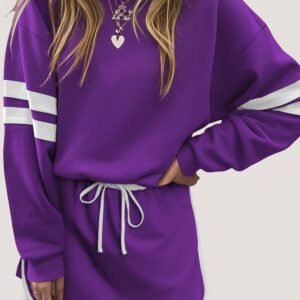 Tillandsia Purple Varsity Stripe Detail Drop Shoulder Pullover Mini Skirt Set