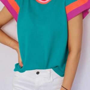 Turquoise Contrast Flutter Sleeves Knitted Sweater T Shirt