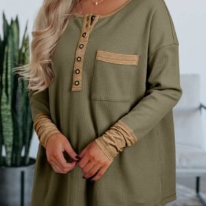 Vineyard Green Color Block Waffle Textured Tunic Henley Top With Slits