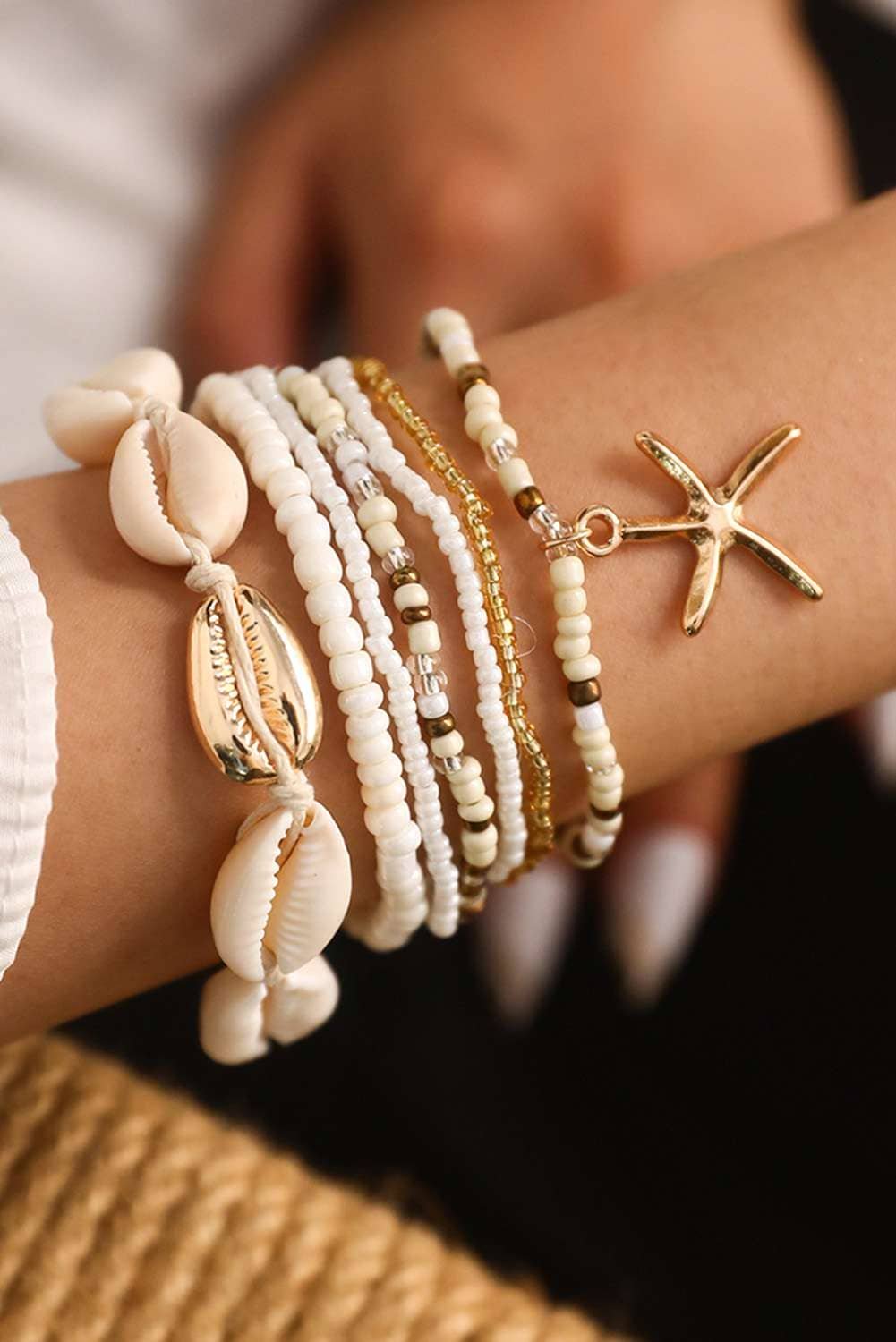 White 7Pcs Bohemian Shell Starfish Beaded Bracelets