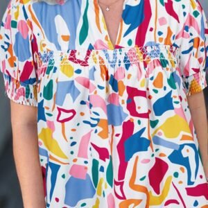 White Abstract Print Shirred Cuff Puff Sleeve Plus Size Blouse