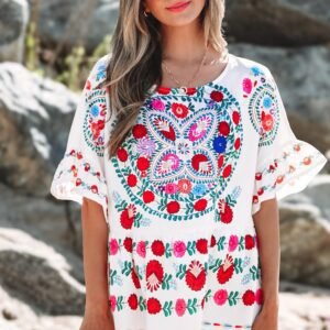 White Boho Floral Print Round Neck Ruffle Trim Blouse