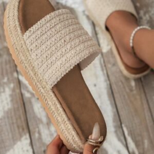White Boho Woven Non-Slip Wedge Slippers