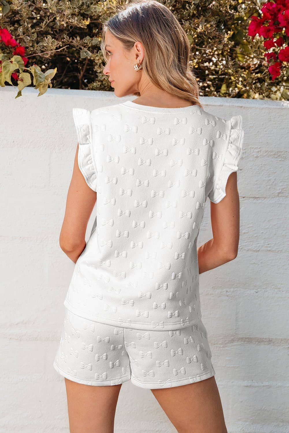 White Bow Jacquard Ruffle Sleeve Short 2Pcs Outfit