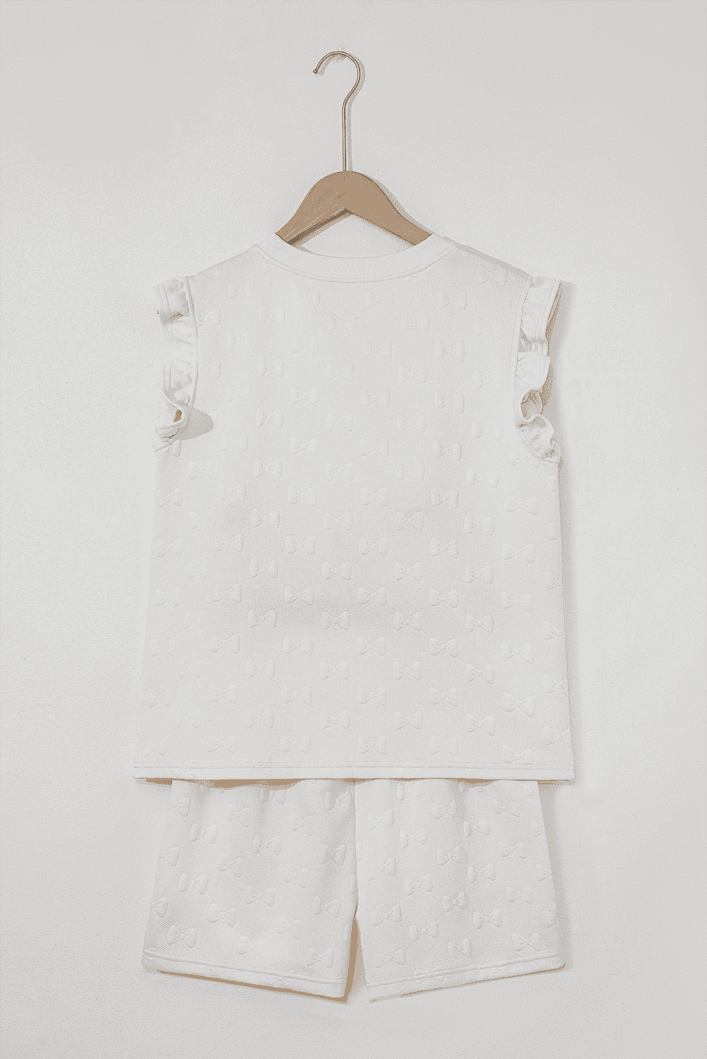 White Bow Jacquard Ruffle Sleeve Short 2Pcs Outfit