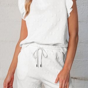 White Bow Jacquard Ruffle Sleeve Short 2Pcs Outfit