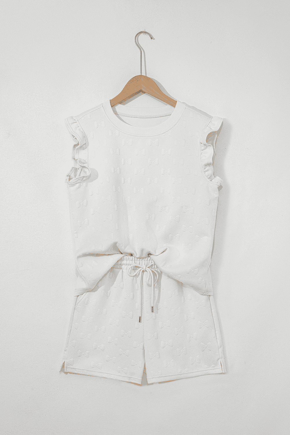 White Bow Jacquard Ruffle Sleeve Short 2Pcs Outfit