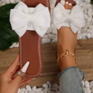 White Bow Knot Decor Pu Leather Insole Flat Slippers