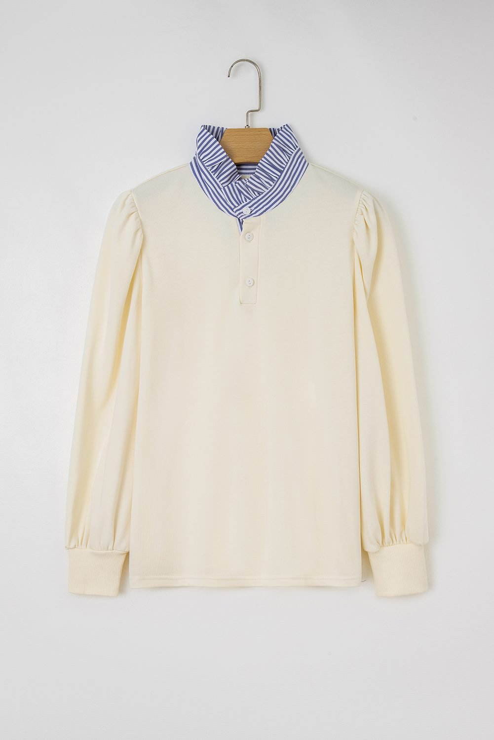 White Button Striped Collar Patchwork Puff Sleeve Sweatshirt