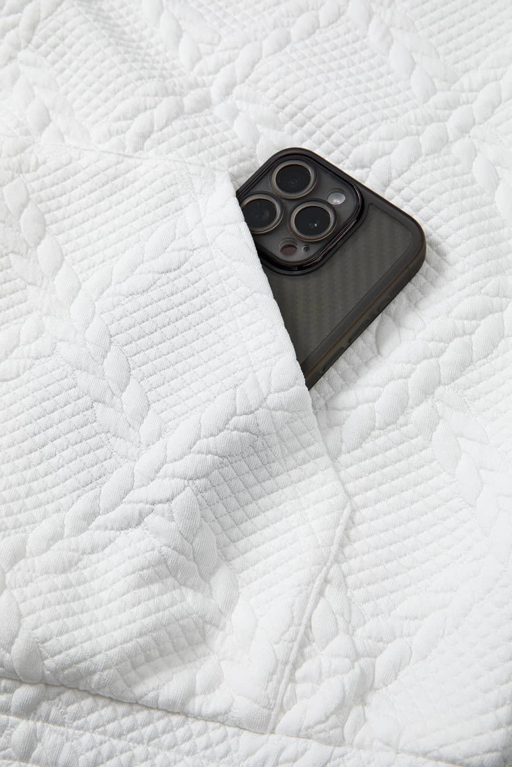 White Cable Lattice Texture Kangaroo Pocket Hoodie