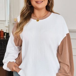 White Cable Texture Ribbed Color Block Plus Size Knit Top