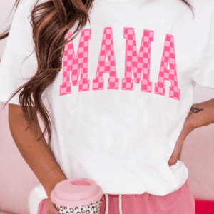 White Checkered Mama Letter Graphic T Shirt