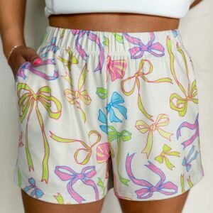 White Cheerful Bow Print Elastic Pull On Casual Shorts