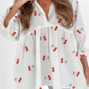 White Cherry Print Flounce Sleeve Collared Frilled Babydoll Blouse