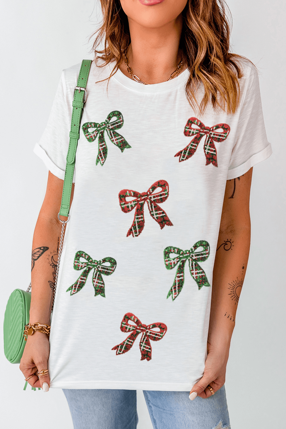 White Christmas Bowknot Graphic Cotton Blend T Shirt