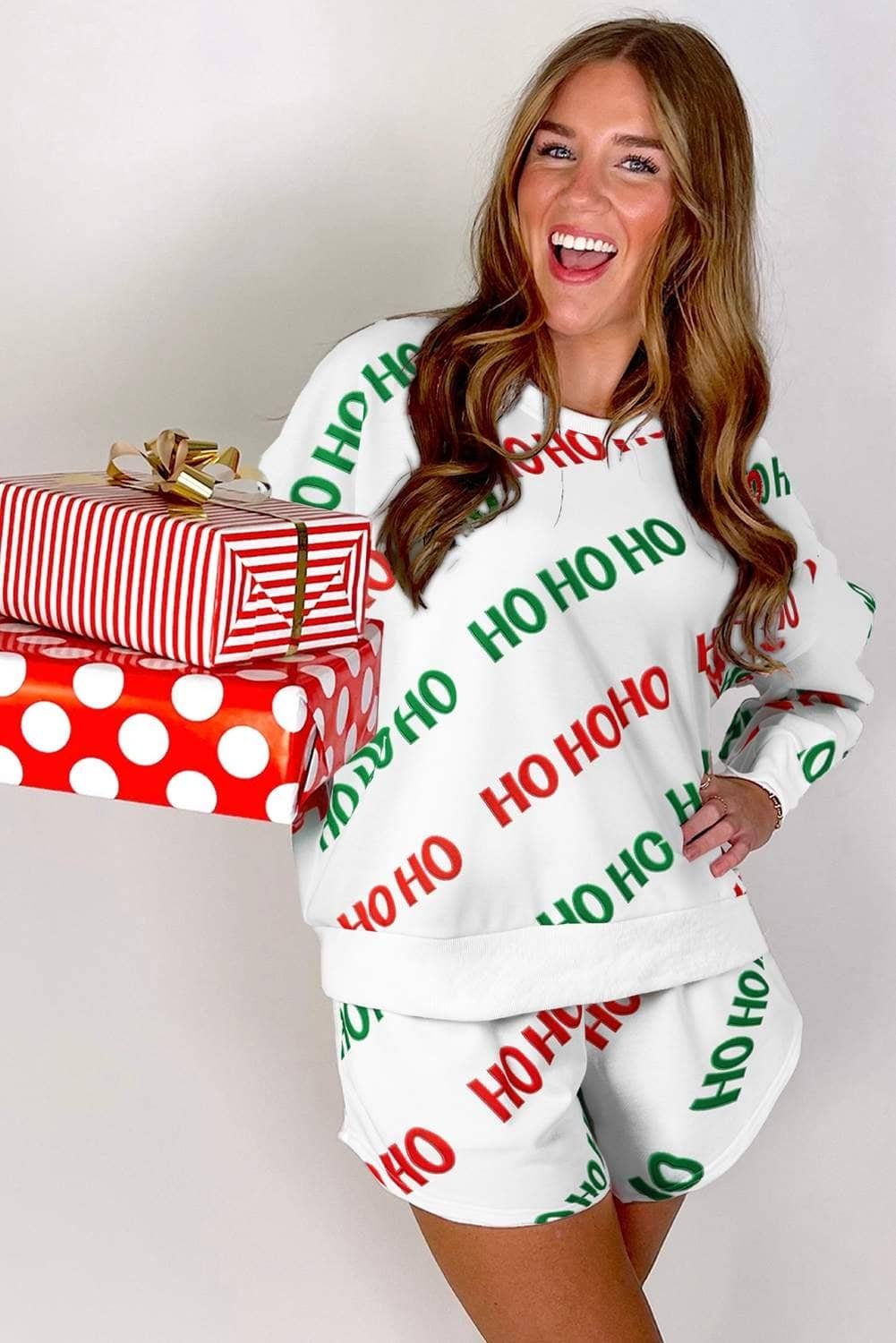 White Christmas Hohoho Print Drop Shoulder Pullover And Casual Shorts Set