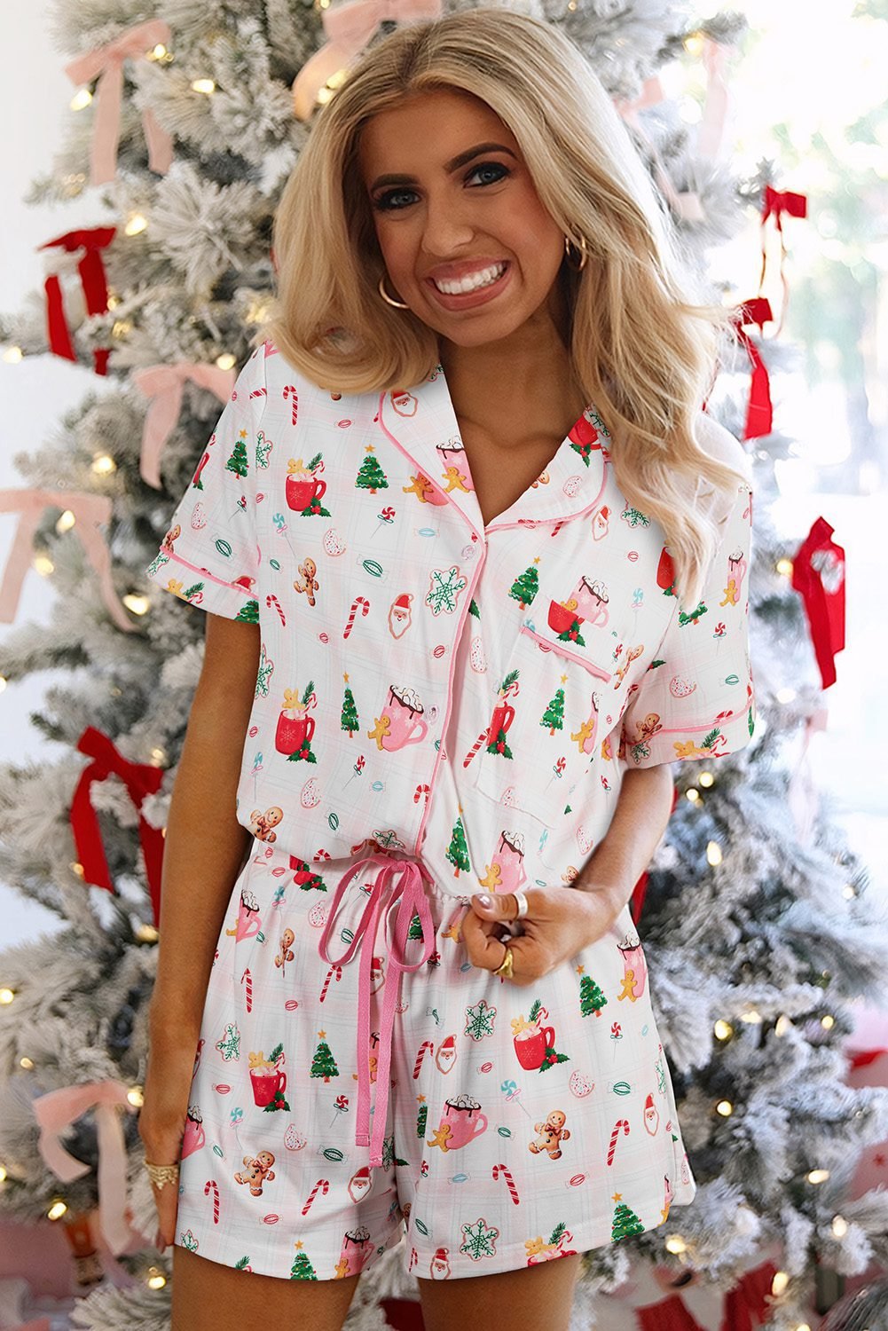 White Christmas Spirits Shirt Style 2Pcs Short Pajama Set