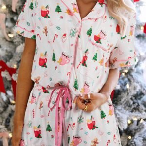 White Christmas Spirits Shirt Style 2Pcs Short Pajama Set