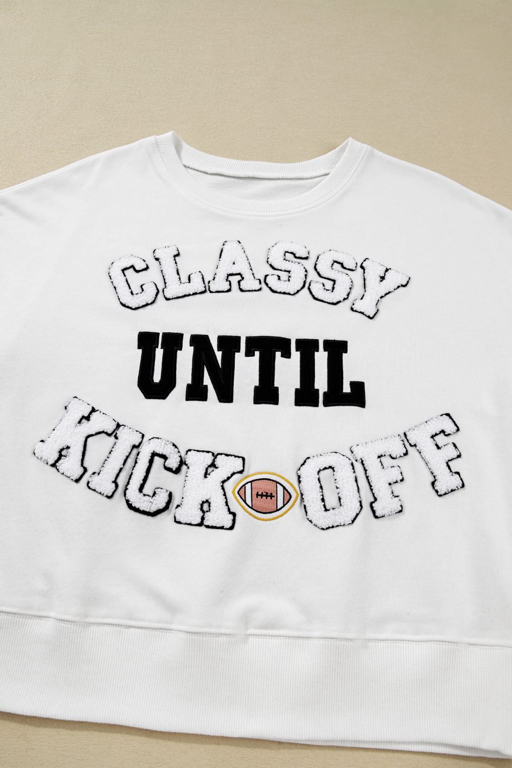 White Classy Until Kickoff Plush Letter Patched Loose Sweatshirt